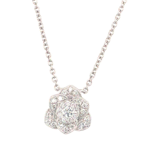 This Necklace is available in 14K White Gold. There are a total of 32 stones. There are Rounds with a total carat weight of 0.27 set in a  setting.