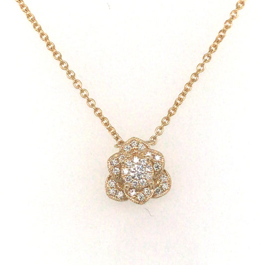 This Necklace is available in 14K Yellow Gold. There are a total of 32 stones. There are Rounds with a total carat weight of 0.27 set in a  setting.