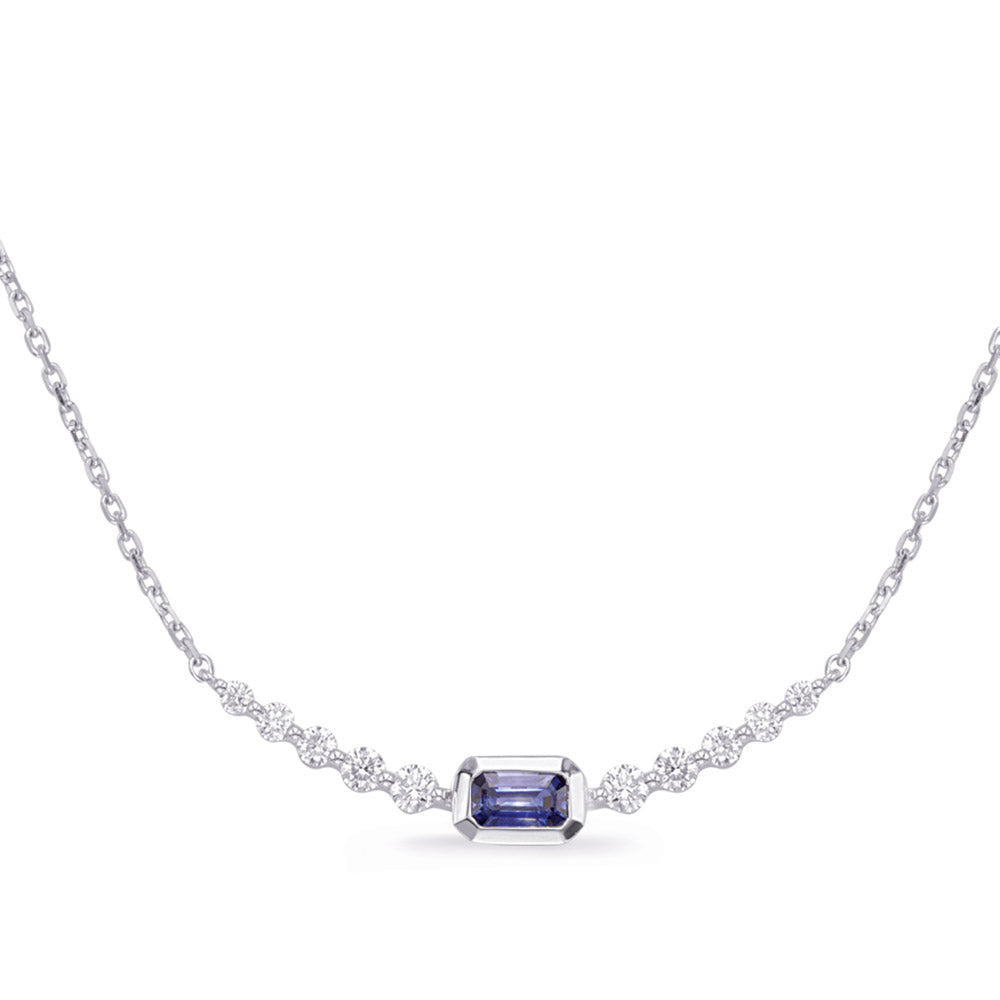 This Necklace is available in 14K White Gold. There are a total of 11 stones. There are Rounds with a total carat weight of 0.33 set in a Bezel Set|Shared Prongs setting.There are Sapphire stones with a total carat weight of 0.33 set in a Bezel Set|Shared Prongs.