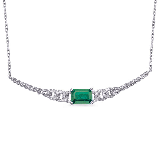 This Necklace is available in 14K White Gold. There are a total of 43 stones. There are Emerald with a total carat weight of 0.92 set in a Micro Prong|Prong Set setting.There are Rounds stones with a total carat weight of 0.14 set in a Micro Prong|Prong Set.