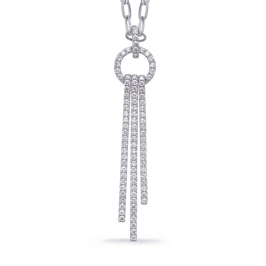 This Necklace is available in 14K White Gold. There are a total of 90 stones. There are Rounds with a total carat weight of 1.17 set in a Micro Prong setting.