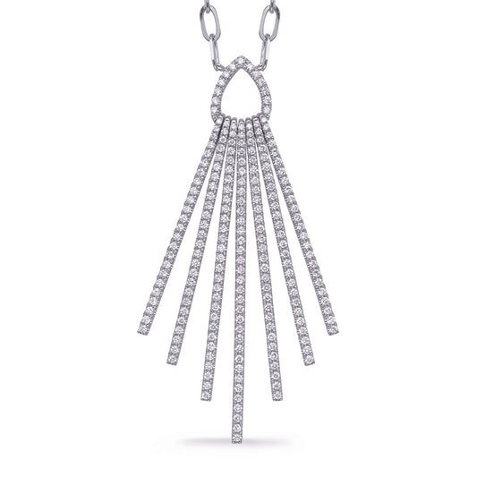This Necklace is available in 14K White Gold. There are a total of 204 stones. There are Rounds with a total carat weight of 1.61 set in a Prong Set setting.