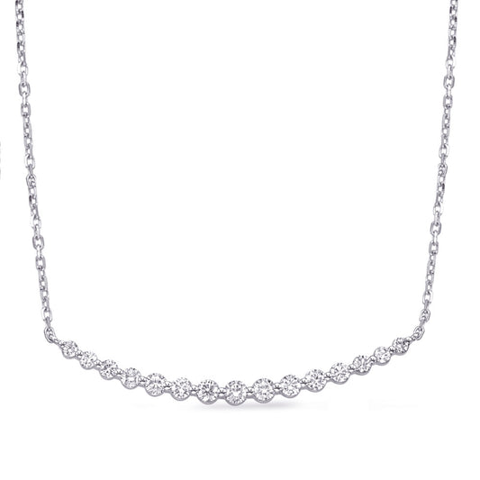 This Necklace is available in 14K White Gold. There are a total of 15 stones. There are Rounds with a total carat weight of 0.87 set in a Shared Prongs setting.