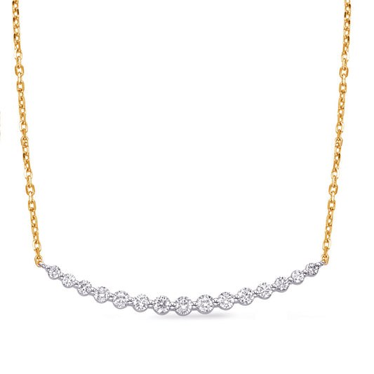 This Necklace is available in 14K Yellow & White Gold. There are a total of 15 stones. There are Rounds with a total carat weight of 0.87 set in a Shared Prongs setting.