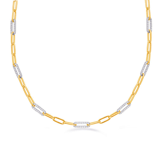 This Necklace is available in 14K Yellow & White Gold. There are a total of 288 stones. There are Rounds with a total carat weight of 2.45 set in a Prong Set setting.