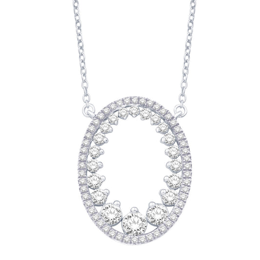 This Necklace is available in 14K White Gold. There are a total of 70 stones. There are Rounds with a total carat weight of 0.82 set in a setting.