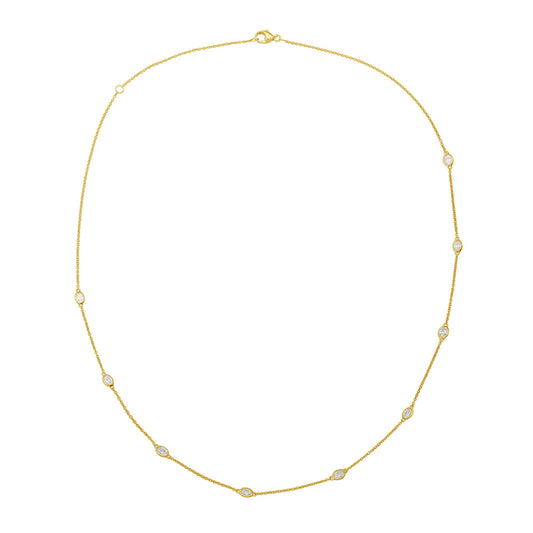 This Necklace is available in 14K Yellow Gold. There are a total of 9 stones. There are Oval with a total carat weight of 0.96 set in a setting.