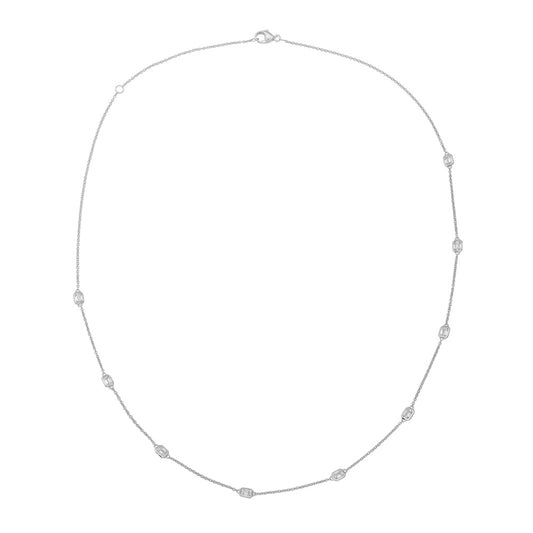 This Necklace is available in 14K White Gold. There are a total of 9 stones. There are Emerald Cut with a total carat weight of 0.99 set in a Bezel Set setting.