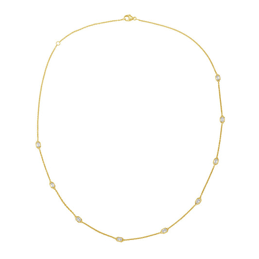 This Necklace is available in 14K Yellow Gold. There are a total of 9 stones. There are Emerald Cut with a total carat weight of 0.99 set in a Bezel Set setting.