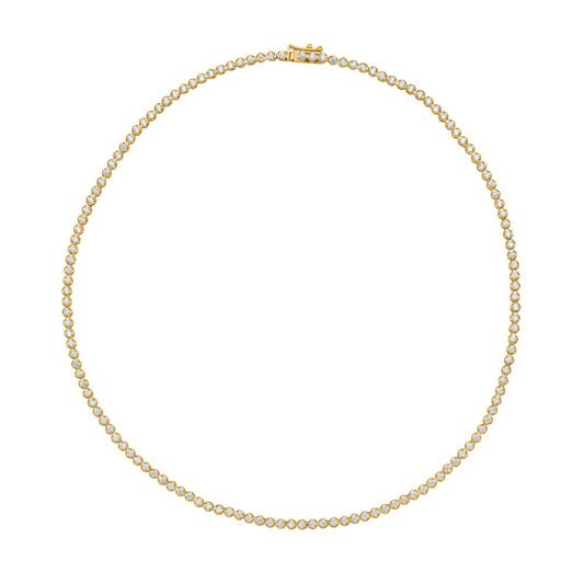 This Necklace is available in 14K Yellow Gold. There are a total of 136 stones. There are Rounds with a total carat weight of 4.93 set in a setting.