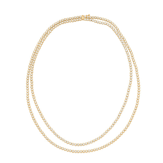 This Necklace is available in 14K Yellow Gold. There are a total of 286 stones. There are Rounds with a total carat weight of 9.66 set in a Micro Prong setting.