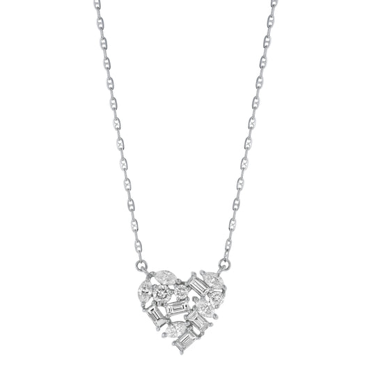 14K White Gold 0.75 carat Baguette, Marquise and Round Diamonds Heart Necklace