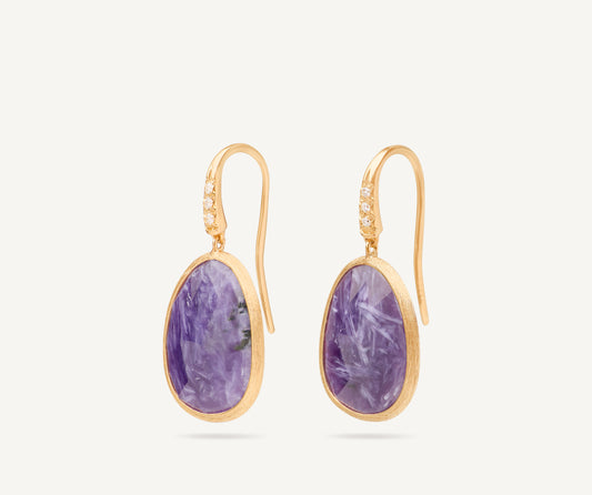 18K Yellow Gold Drop Earrings with Charoite and Diamond Accent