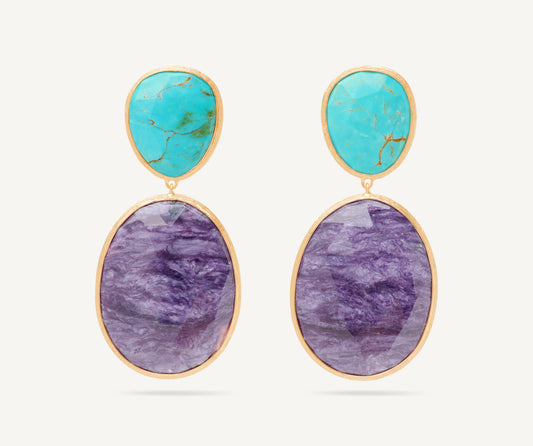 18K Yellow Gold Double Drop Earrings with Turquoise and Charoite