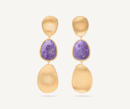 18K Yellow Gold Three-Drop Charoite Earrings