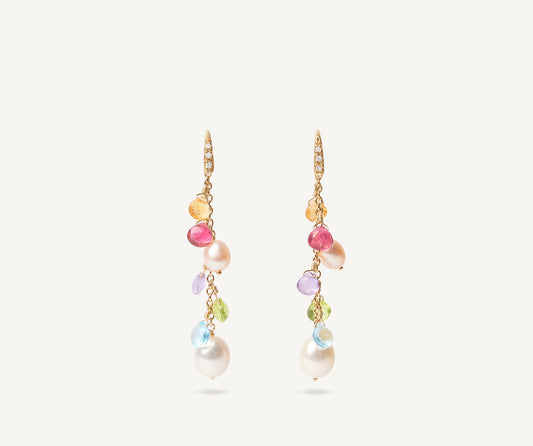 Gold drop earrings with diamonds, pearls and gemstones
