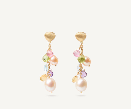 Short gold drop earrings with pearls and gemstones