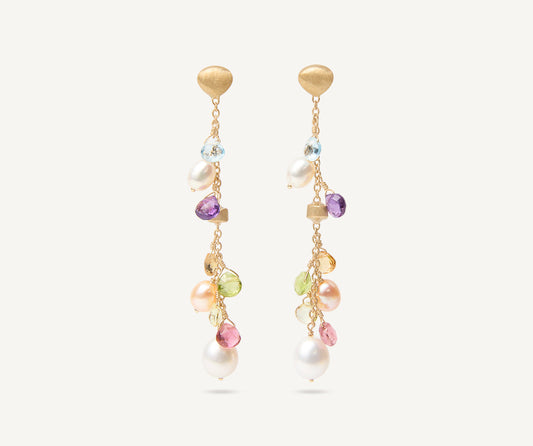 18kt yellow gold pearls and gemstones long drop earrings