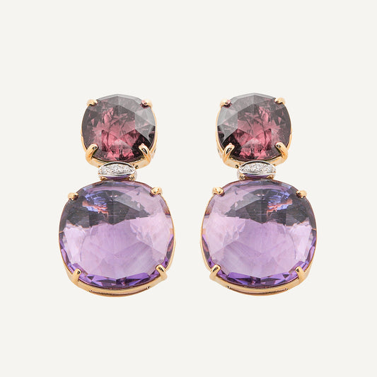 18kt Yellow Gold Drop Earrings with Pink Tourmaline, Amethyst, and Diamond Pav��