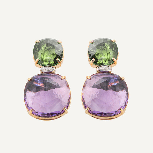 18kt Yellow Gold Drop Earrings with Green Tourmaline, Amethyst, and Diamond Pav��
