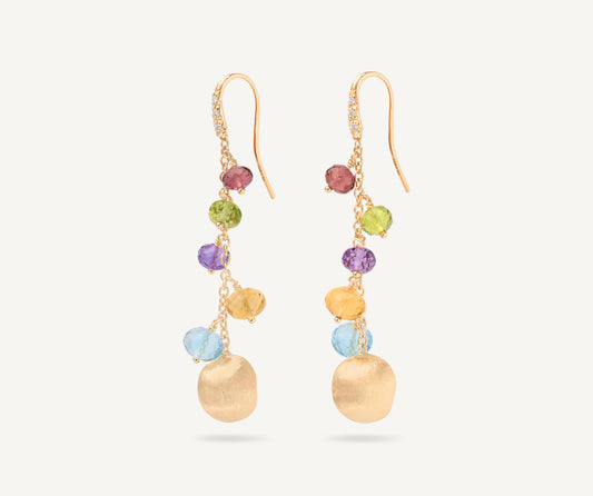 18kt yellow gold mixed gemstone long drop earrings with diamond hook