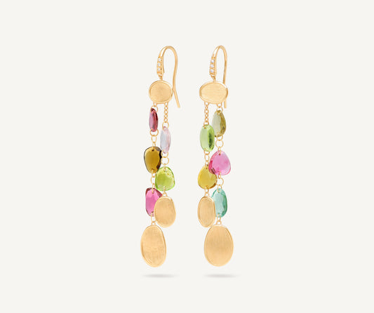 18K Yellow Gold Multi-Strand Tourmaline Earrings with Diamond Accent