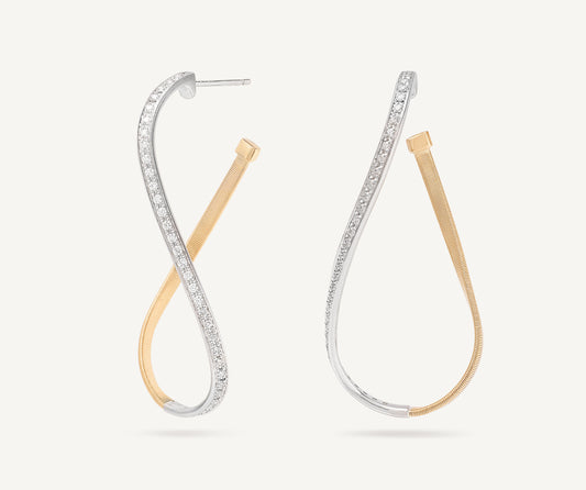 18kt yellow gold twisted irregular medium hoops with diamond pav��