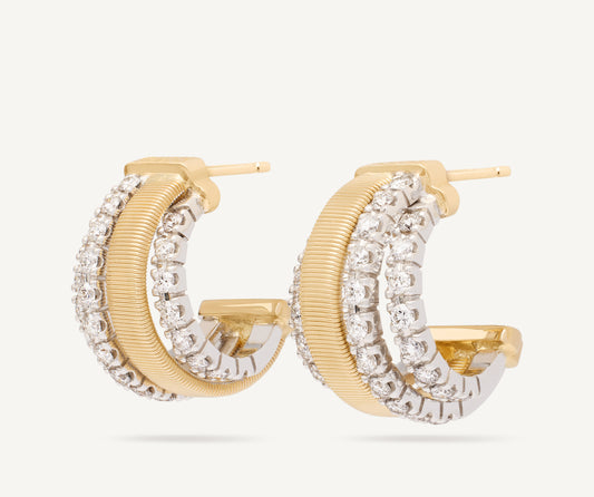 18K Yellow Gold Coil and 3 Row Diamond Huggie Earrings