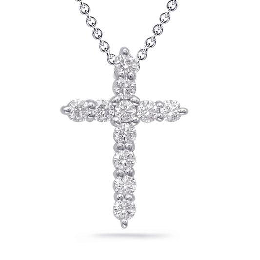 This Pendant is available in 14K White Gold. There are a total of 11 stones. There are Rounds with a total carat weight of 0.79 set in a setting.