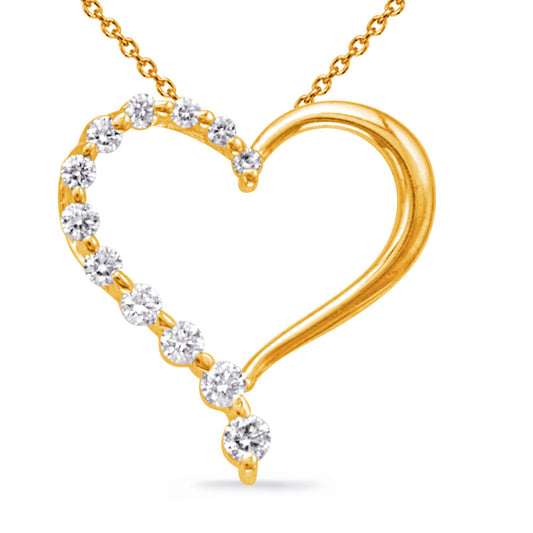 This Pendant is available in 14K Yellow Gold. There are a total of 12 stones. There are Rounds with a total carat weight of 0.25 set in a setting.