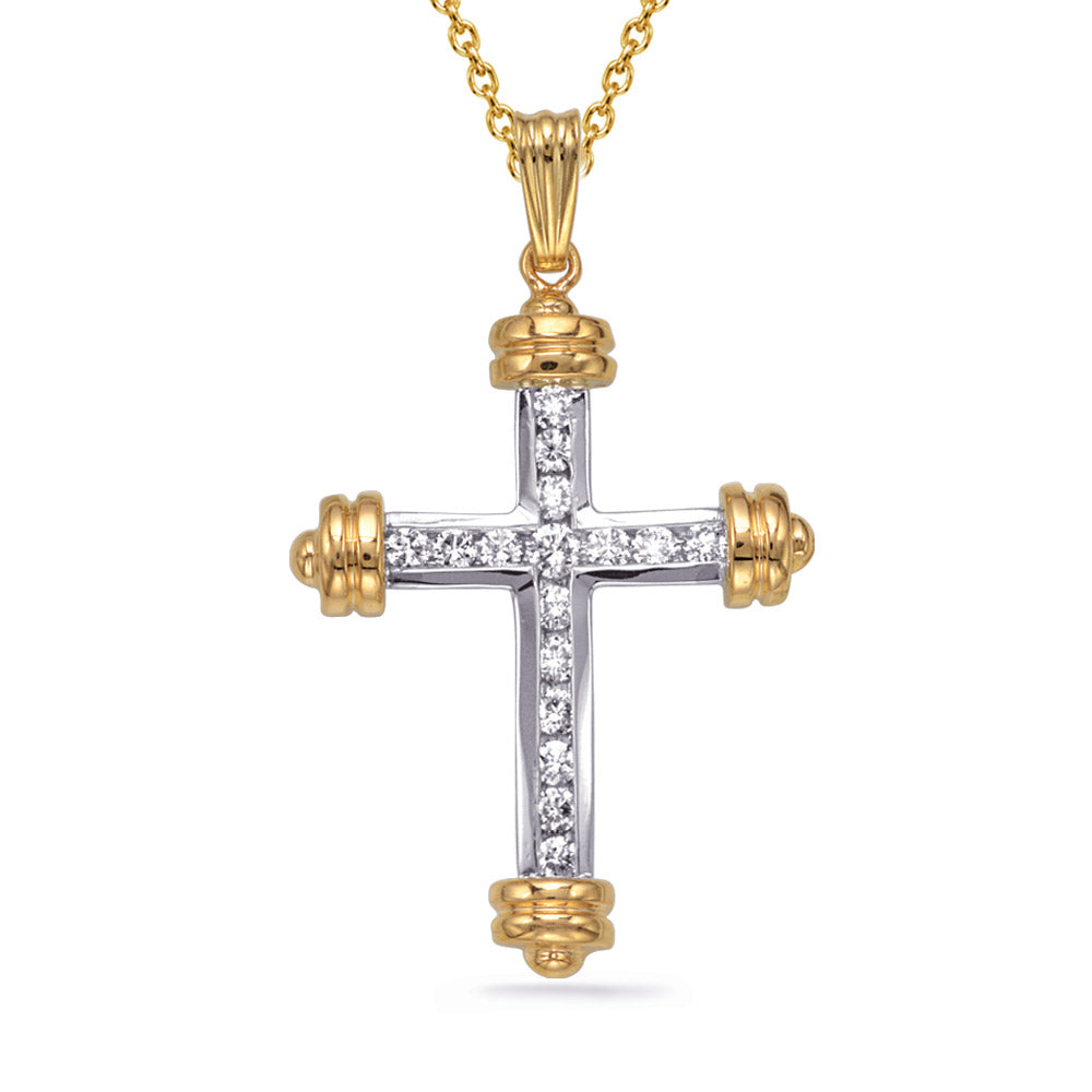 This Pendant is available in 14K Yellow & White Gold. There are a total of 16 stones. There are Rounds with a total carat weight of 0.42 set in a setting.