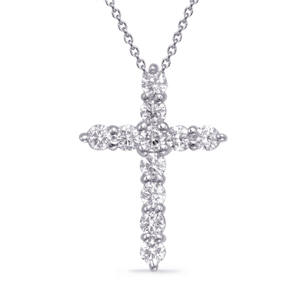 This Pendant is available in 14K White Gold. There are a total of 11 stones. There are Rounds with a total carat weight of 0.5 set in a setting.