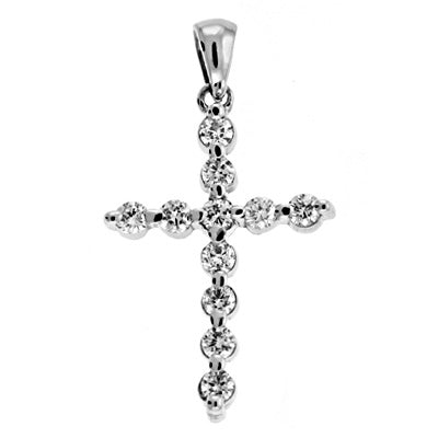 This Pendant is available in 14K White Gold. There are a total of 11 stones. There are Rounds with a total carat weight of 0.54 set in a setting.