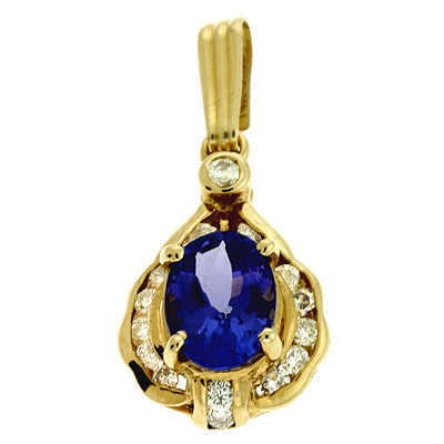This Pendant is available in 14K Yellow Gold. There are a total of 18 stones. There are Rounds with a total carat weight of 0.29 set in a setting.There are Tanzanite stones with a total carat weight of 1.4 set in a .