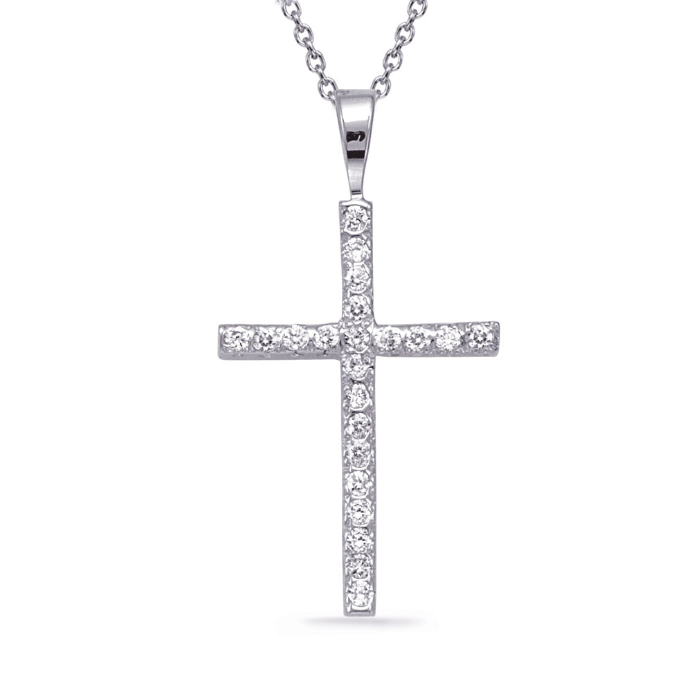 This Pendant is available in 14K White Gold. There are a total of 22 stones. There are Rounds with a total carat weight of 0.19 set in a setting.