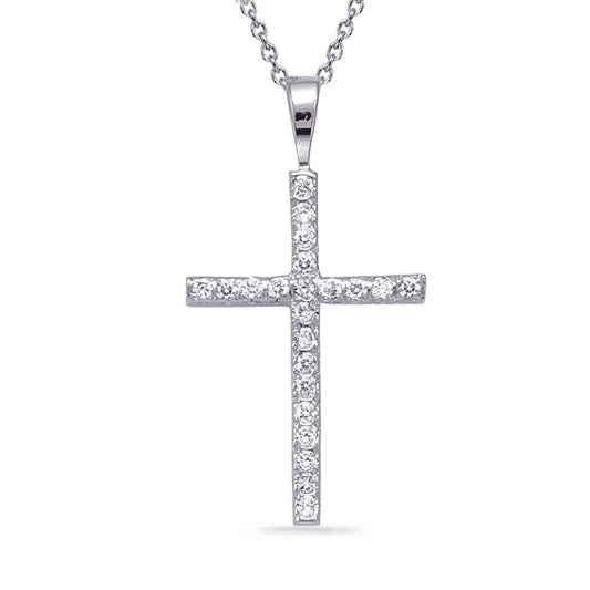 This Pendant is available in 14K White Gold. There are a total of 22 stones. There are Rounds with a total carat weight of 0.19 set in a setting.