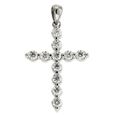 This Pendant is available in 14K White Gold. There are a total of 11 stones. There are Rounds with a total carat weight of 1.01 set in a Prong Set setting.