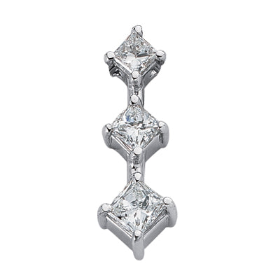 This Pendant is available in 14K White Gold. There are a total of 3 stones. There are Princess with a total carat weight of 0.75 set in a setting.