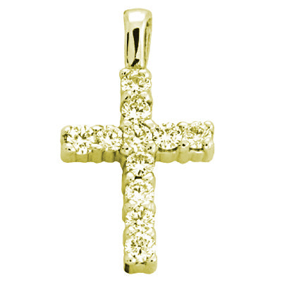 This Pendant is available in 14K Yellow Gold. There are a total of 11 stones. There are Rounds with a total carat weight of 0.33 set in a setting.