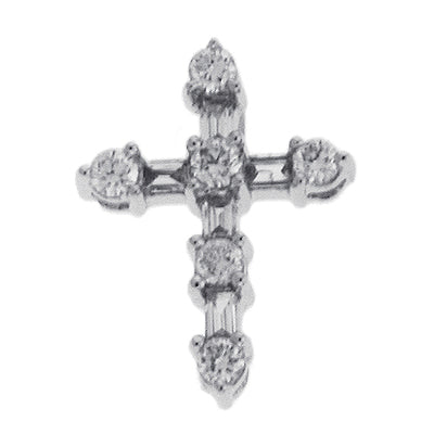 This Pendant is available in 14K White Gold. There are a total of 11 stones. There are Baguette with a total carat weight of 0.08 set in a Channel Set|Prong Set setting.There are Rounds stones with a total carat weight of 0.14 set in a Channel Set|Prong Set.