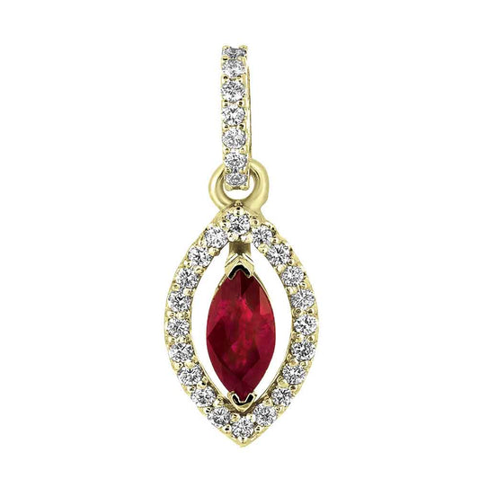 This Pendant is available in 14K Yellow Gold. There are a total of 28 stones. There are Rounds with a total carat weight of 0.19 set in a Micro Prong|Prong Set setting.There are Ruby stones with a total carat weight of 0.48 set in a Micro Prong|Prong Set.