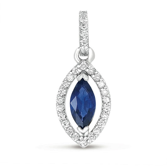 This Pendant is available in 14K White Gold. There are a total of 30 stones. There are Rounds with a total carat weight of 0.2 set in a Micro Prong|Prong Set setting.There are Sapphire stones with a total carat weight of 0.69 set in a Micro Prong|Prong Set.