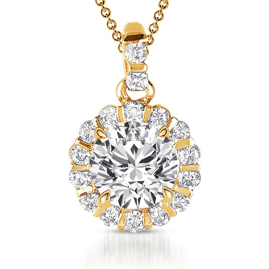This Pendant is available in 14K Yellow Gold. There are a total of 16 stones. There are Rounds with a total carat weight of 0.23 set in a Prong Set setting.