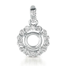 This Pendant is available in 14K White Gold. There are a total of 14 stones. There are Rounds with a total carat weight of 0.21 set in a setting.