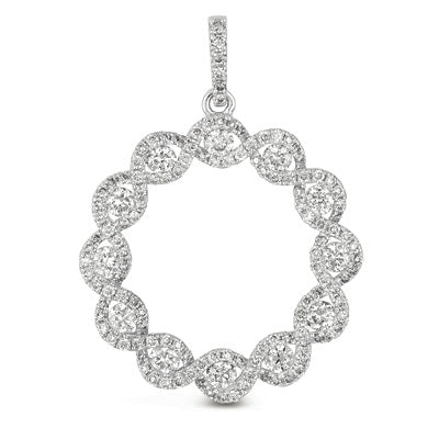 This Pendant is available in 14K White Gold. There are a total of 138 stones. There are Rounds with a total carat weight of 1.41 set in a Channel Set|Micro Prong setting.