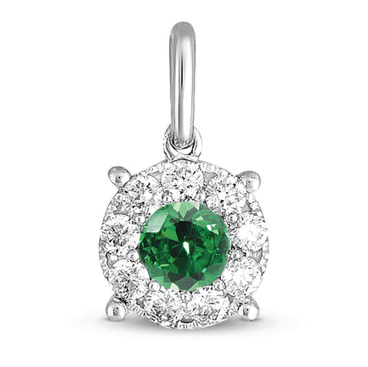 This Pendant is available in 14K White Gold. There are a total of 10 stones. There are Emerald with a total carat weight of 0.22 set in a setting.There are Rounds stones with a total carat weight of 0.21 set in a .