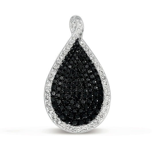This Pendant is available in 14K White Gold. There are a total of 163 stones. There are Black Diamonds with a total carat weight of 0.76 set in a Micro Pave setting.There are Rounds stones with a total carat weight of 0.39 set in a Micro Pave.