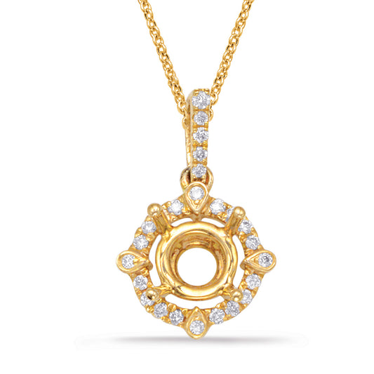 This Pendant is available in 14K Yellow Gold. There are a total of 21 stones. There are Rounds with a total carat weight of 0.09 set in a Bezel Set|Micro Prong setting.