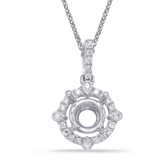 This Pendant is available in 14K White Gold. There are a total of 25 stones. There are Rounds with a total carat weight of 0.1 set in a Bezel Set|Micro Prong setting.
