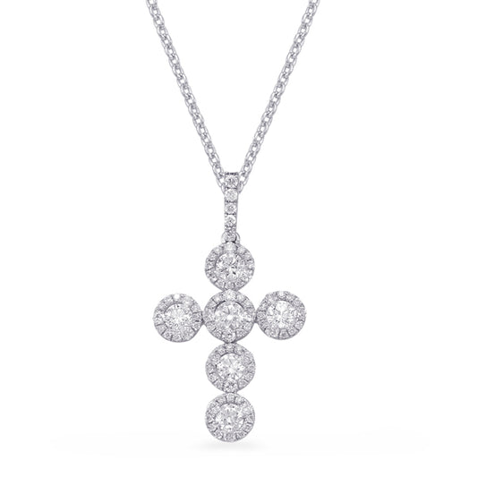 This Pendant is available in 14K White Gold. There are a total of 83 stones. There are Rounds with a total carat weight of 0.86 set in a Micro Prong setting.